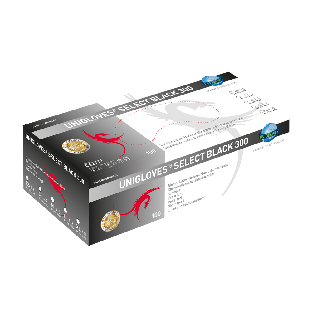 Unigloves Select Black 300, Latexhandschuhe, Schwarz, Puderfrei, 1 Karton = 10 x 100 = 1.000 Stück - XL