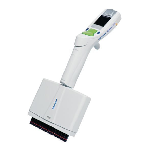 Eppendorf Pipette Xplorer plus, 12- Kanal, 50-1200 µL, Multifunktionswippe grün für Pipettenspitzen 1250 µL, 4861000830