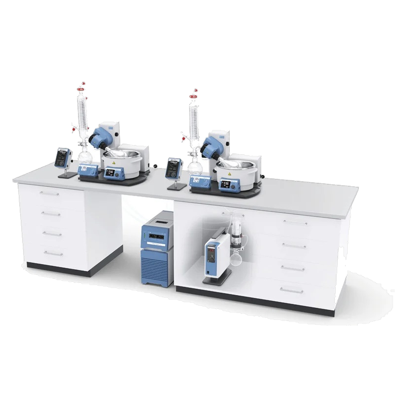 IKA RV 10 digital pro V double Complete, zwei Rotationsverdampfer mit gemeinsamem Heizbad, Vakuumpumpe und Umwälzkühler