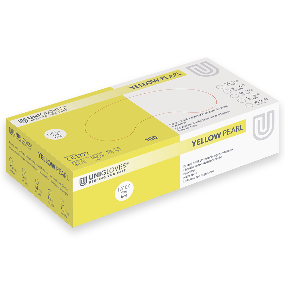 Unigloves Yellow Pearl, Nitrilhandschuhe, Gelb, Puderfrei, 1 Karton = 10 x 100 = 1.000 Stück - XS