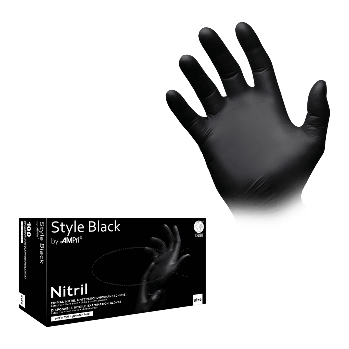 AMPri Style Black Nitrilhandschuhe, schwarz, puderfrei, 100 Stück, Größe XXL, 01181-XXL