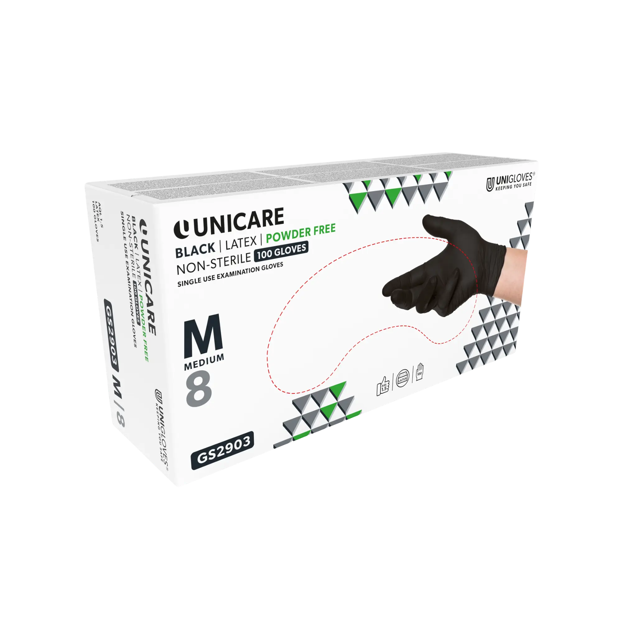 Unicare Black Latex, Latexhandschuhe, Schwarz, Puderfrei, 100 Stück - S, GS2902